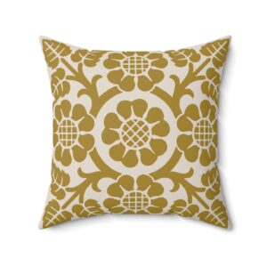 Blossoms and Leaves Pattern in Mustard Yellow. Square Pillow, 74156-5g