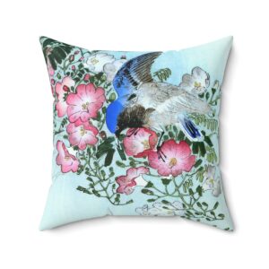 Ohara Koson Blue Bird On Flowery Branch. Square Pillow J12-23