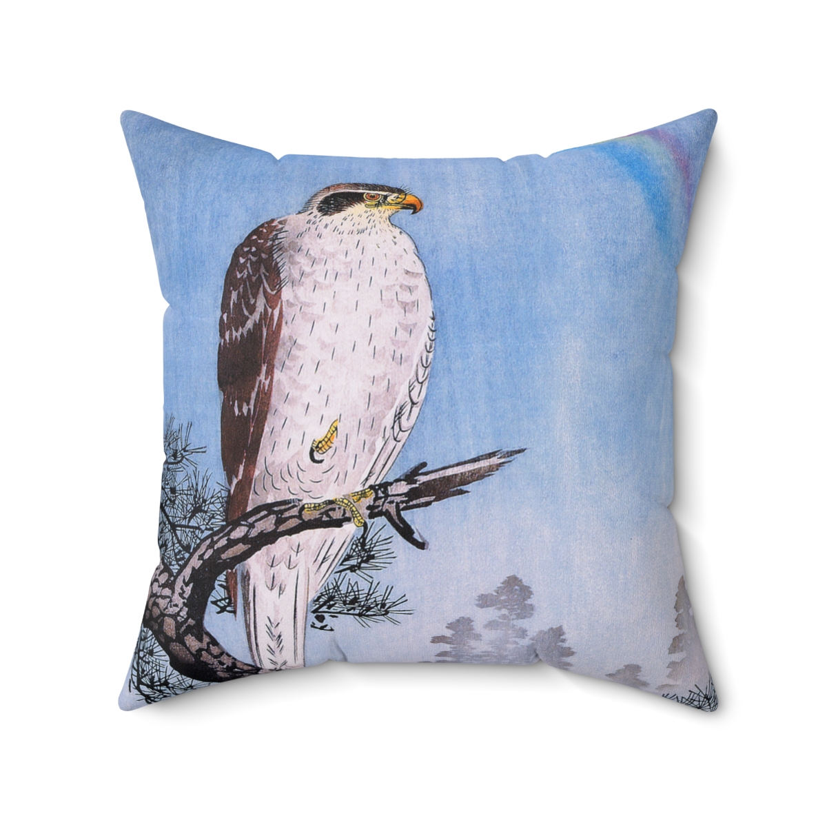 Japanese Koson Goshawk on Branch with Rainbow Square Pillow