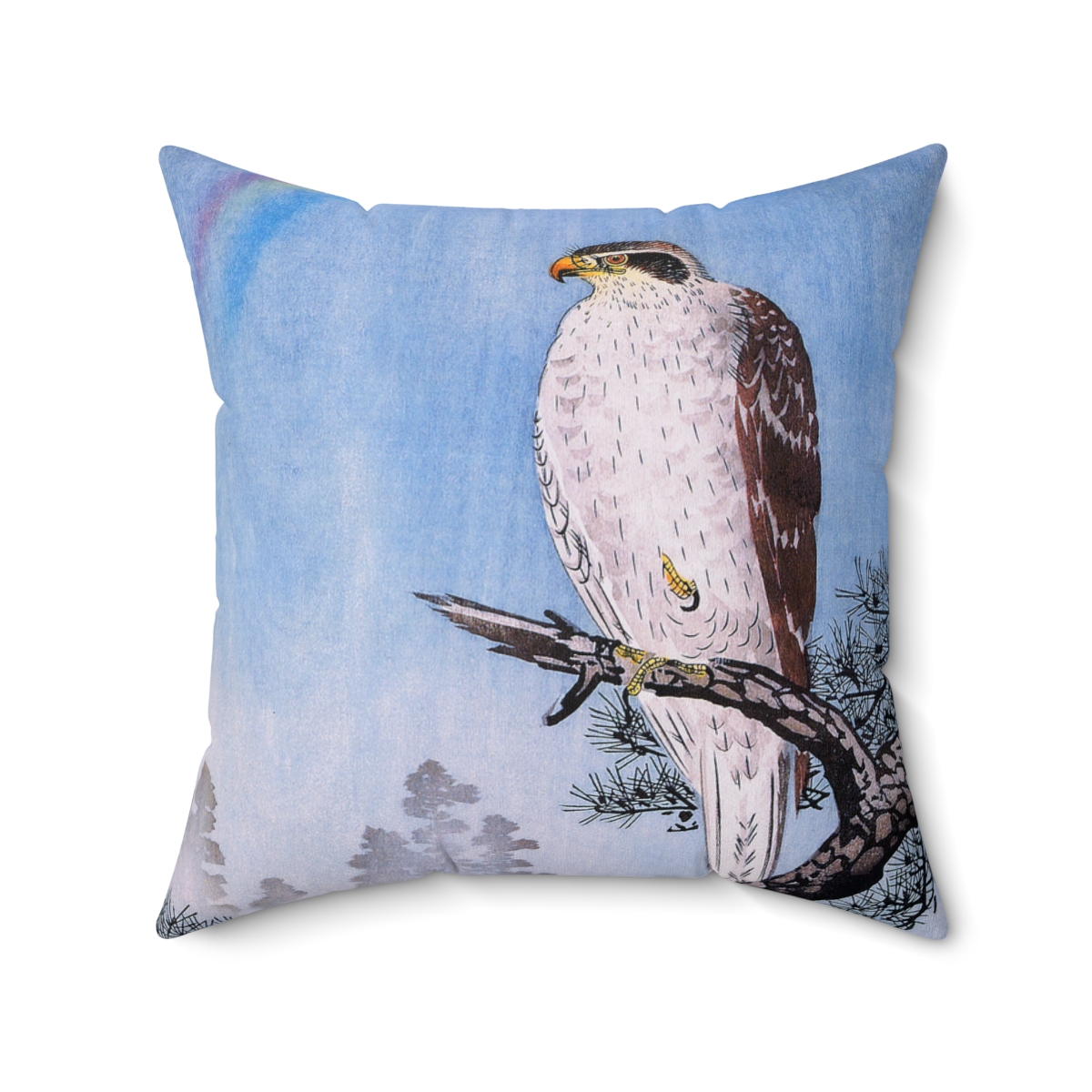 Japanese Koson Goshawk on Branch with Rainbow Square Pillow - Image 2