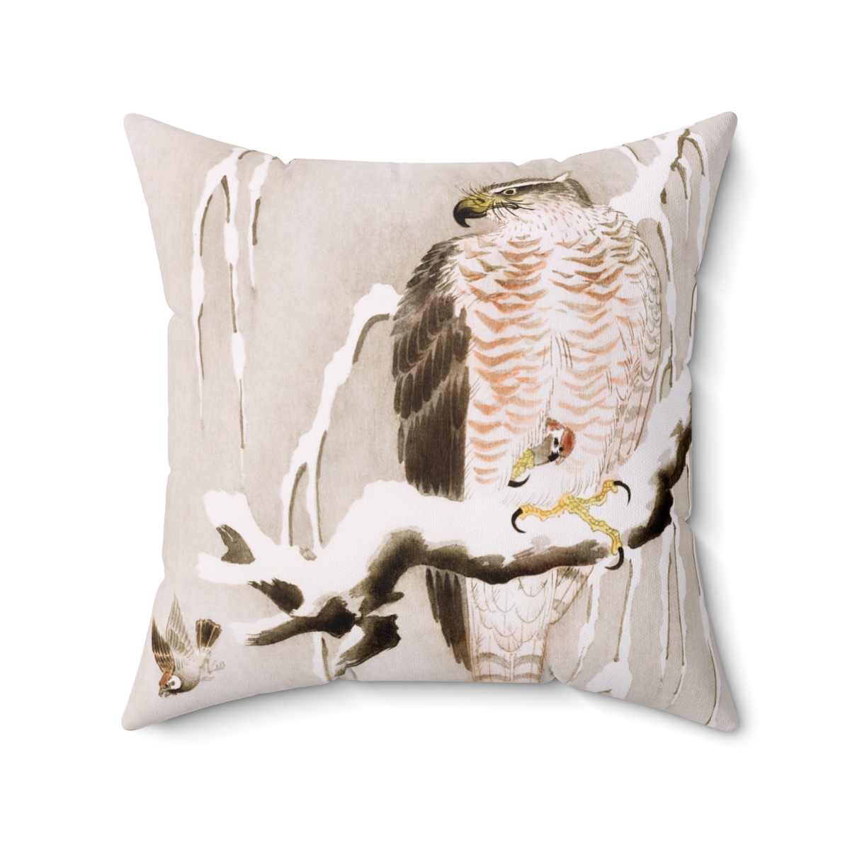 Ohara Koson Hawk On Snowy Branch. Square Pillow J12-17