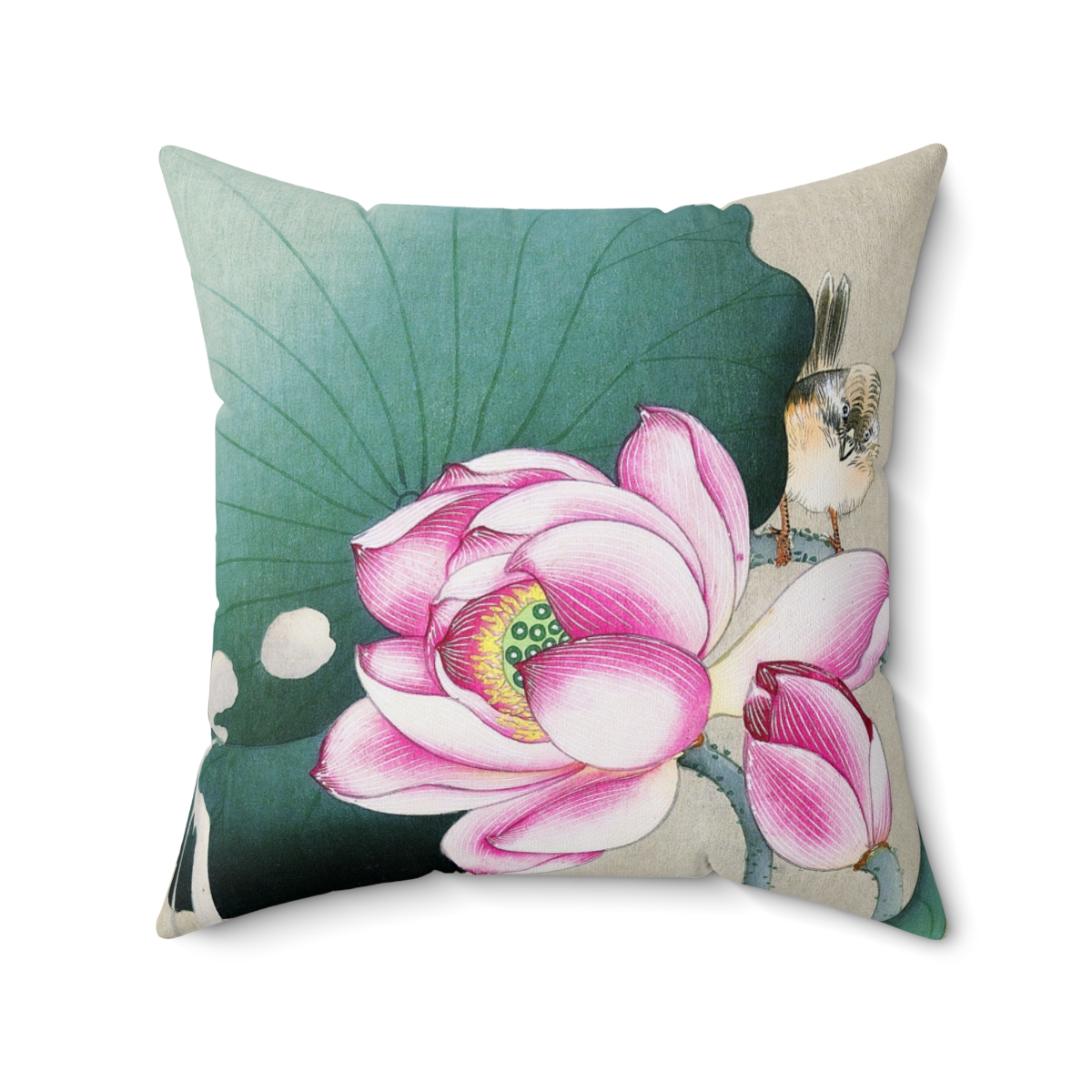 Ohara Koson Sparrow & Lotus. Square Pillow J12-31