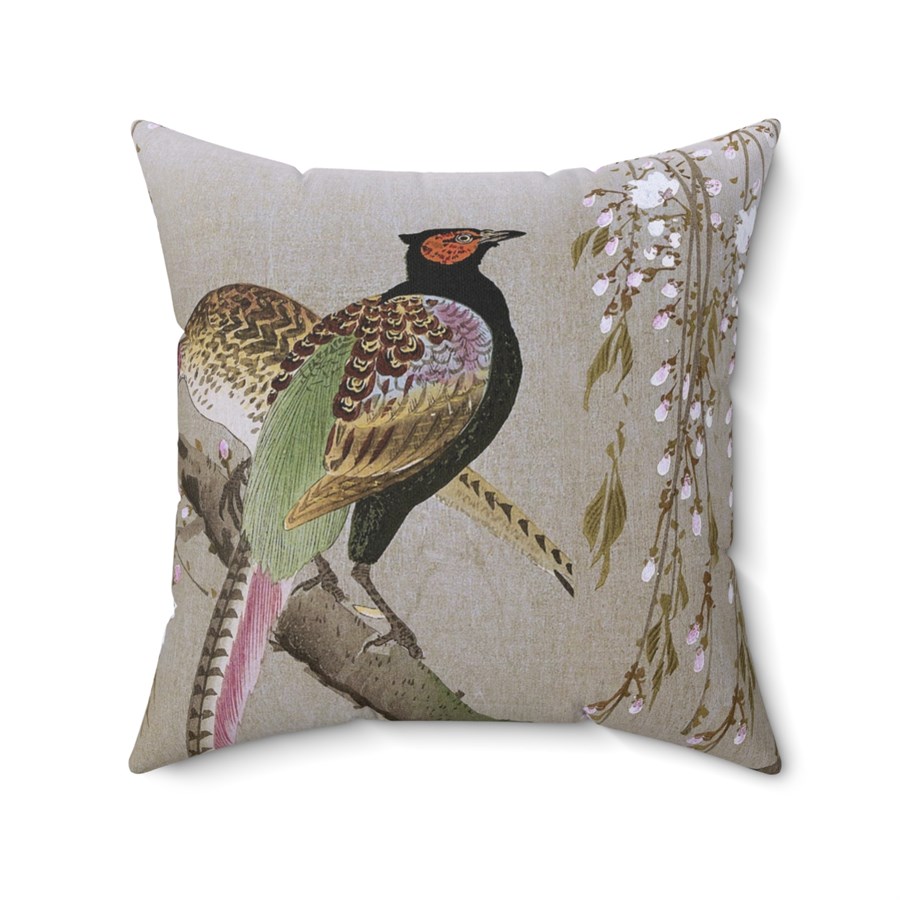 Ohara Koson Pheasants on Cherry Blossom Branch. Square Pillow J12-37 - Image 2