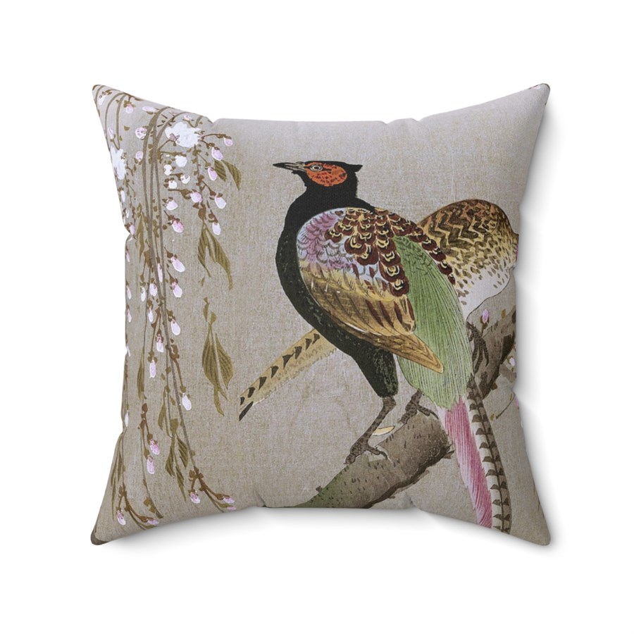 Ohara Koson Pheasants on Cherry Blossom Branch. Square Pillow J12-37