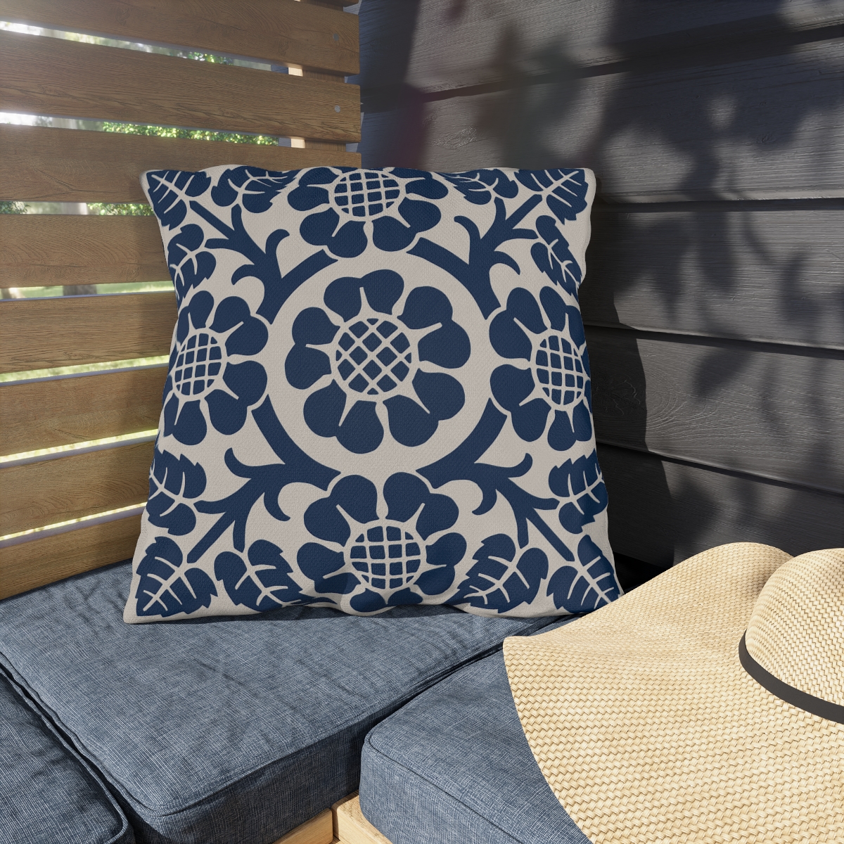 Blossoms and Leaves Pattern in Blue - Outdoor Pillow - Image 2