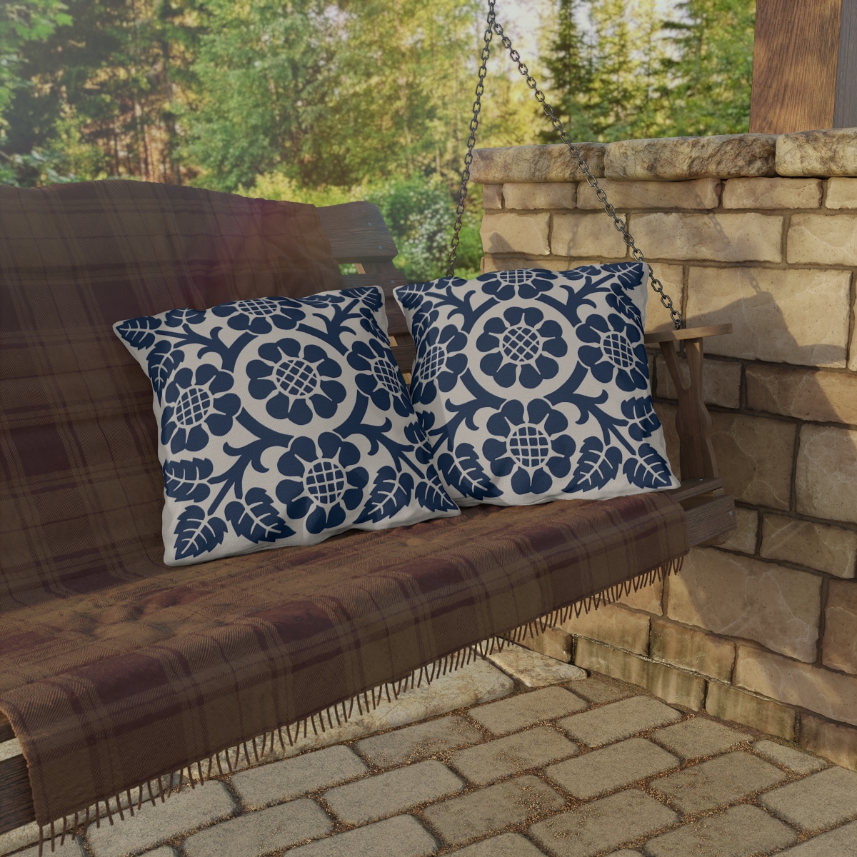 Blossoms and Leaves Pattern in Blue - Outdoor Pillow - Image 4