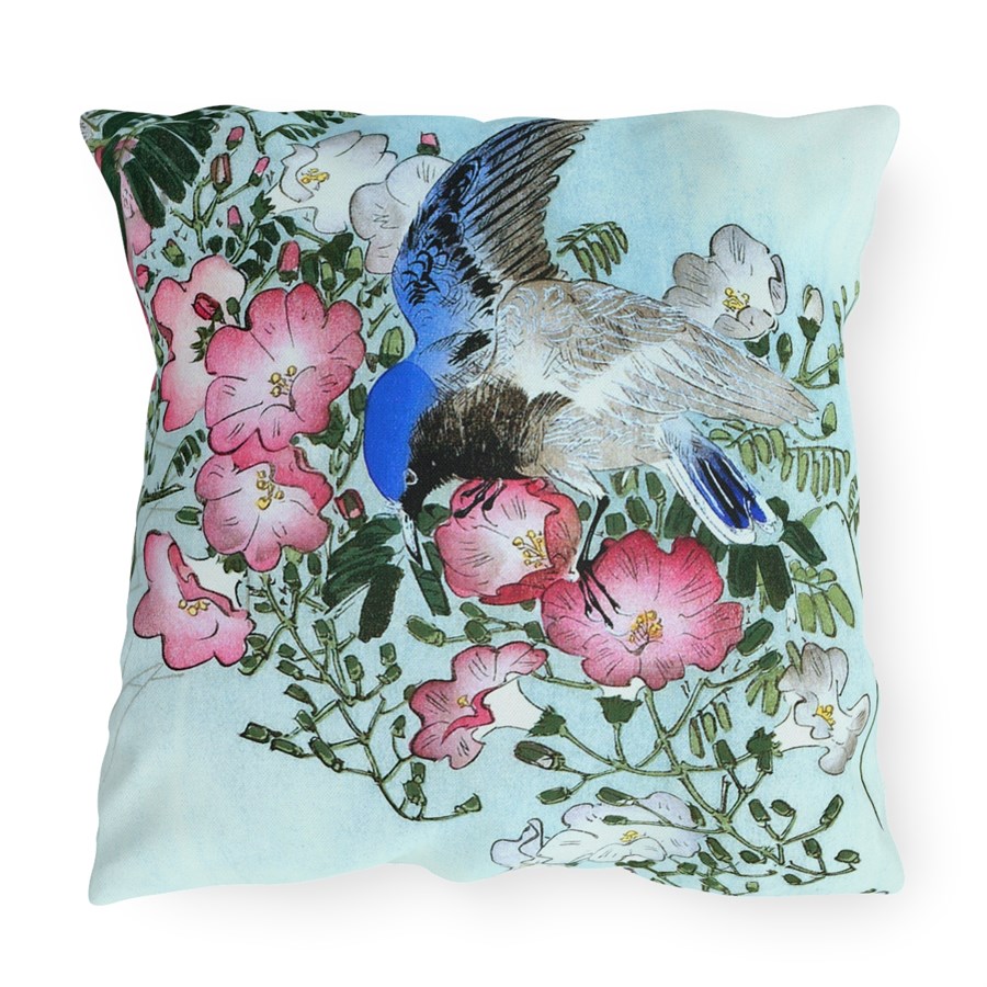 Ohara Koson Blue Bird On Flowery Branch. Outdoor Pillow J12-23