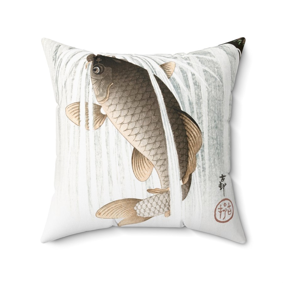 Ohara Koson Japanese Woodblock Art Carp Leaping Square Pillow - Image 2