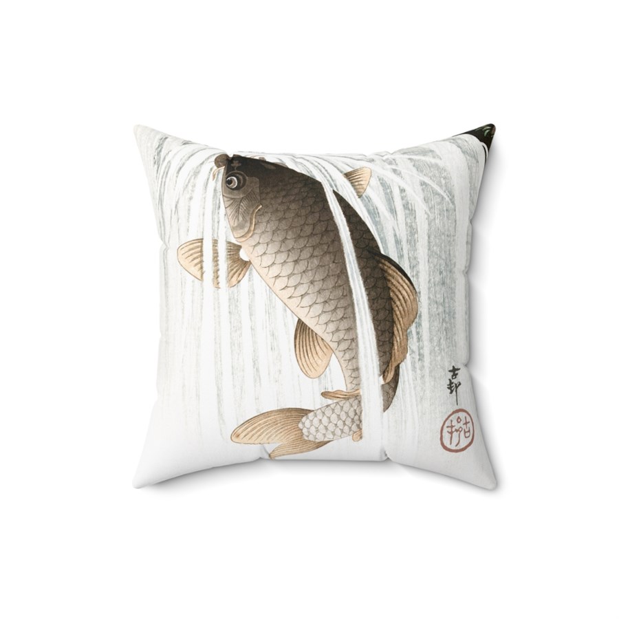 Ohara Koson Japanese Woodblock Art Carp Leaping Square Pillow - Image 5