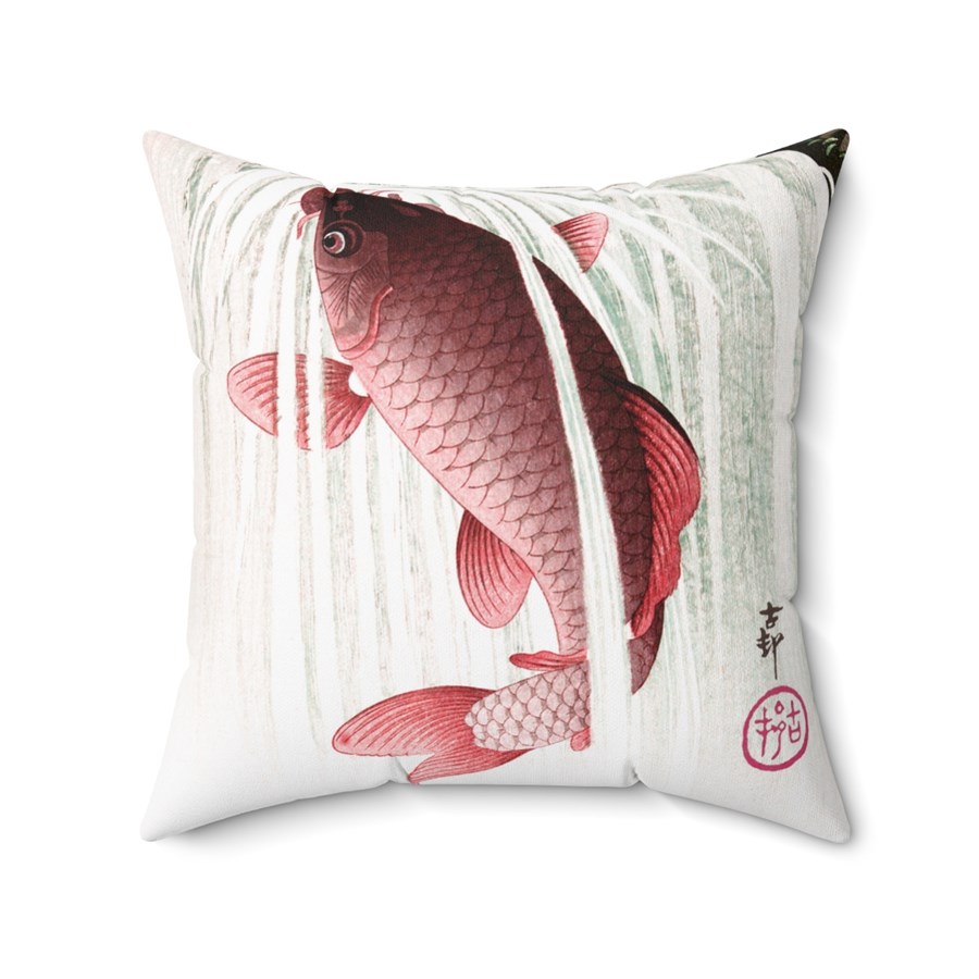 Ohara Koson Japanese Woodblock Art Carp Leaping Square Pillow