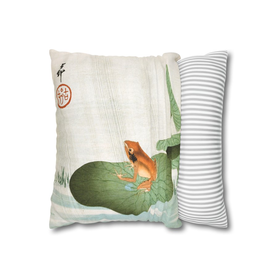 Ohara Koson Japanese Art Frog on Green Lotus Leaf Pillow Case – Faux Suede, Double-Sided Print