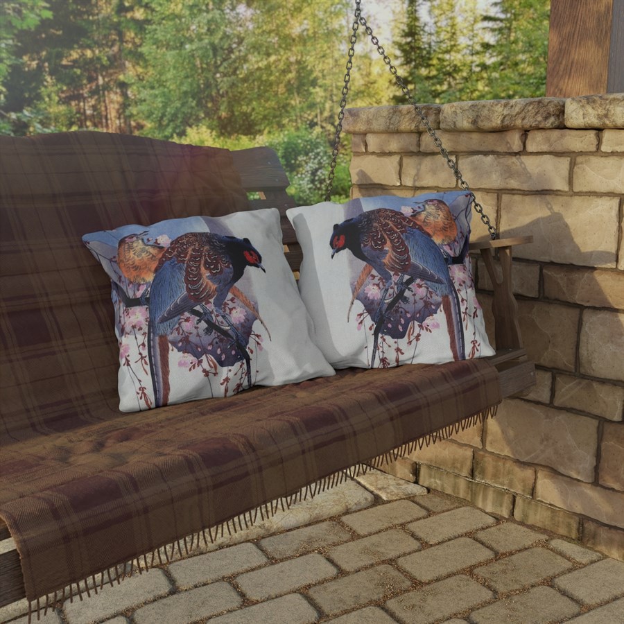 Ohara Koson Pheasant Pair On Branch. Outdoor Pillow J12-32 - Image 4