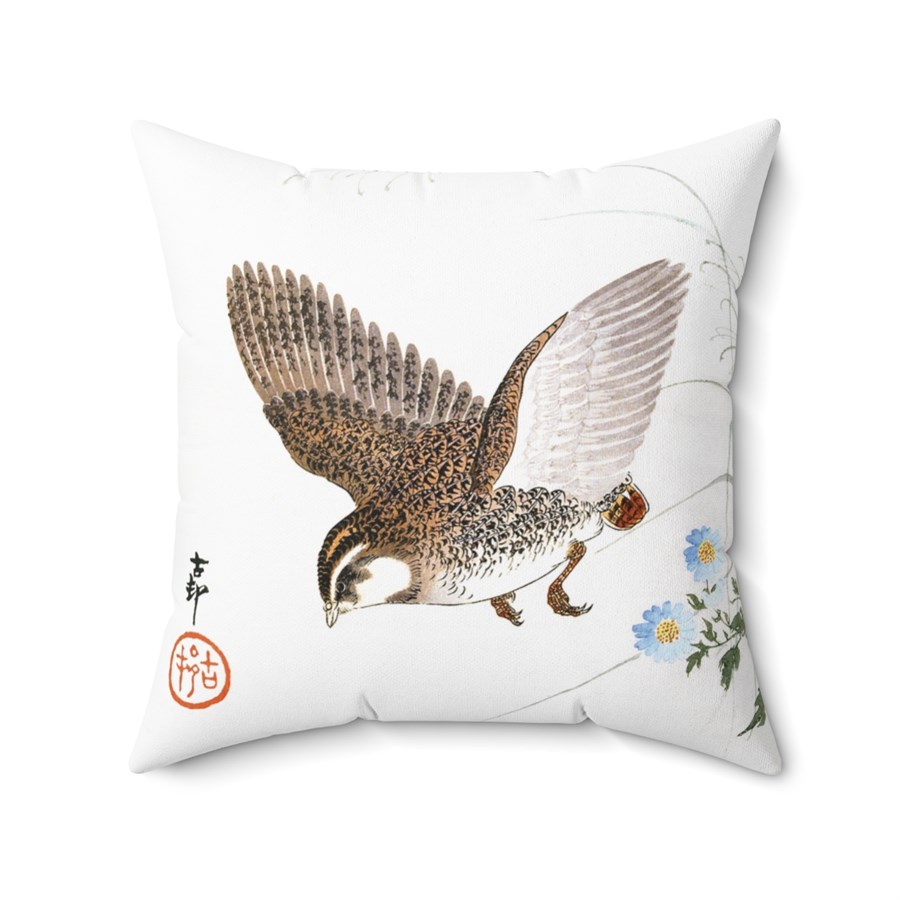 Ohara Koson Quail In Flight. Square Pillow, J10-12