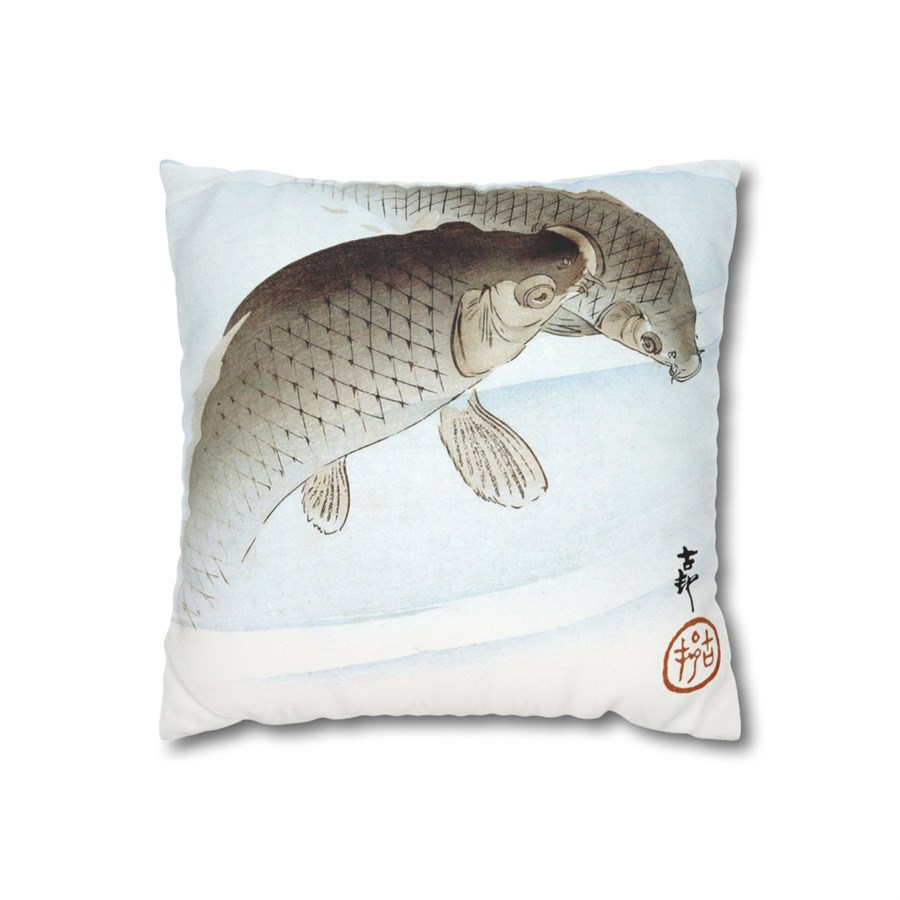 Ohara Koson Two Black Carp Fish - Pillow Case - Image 2