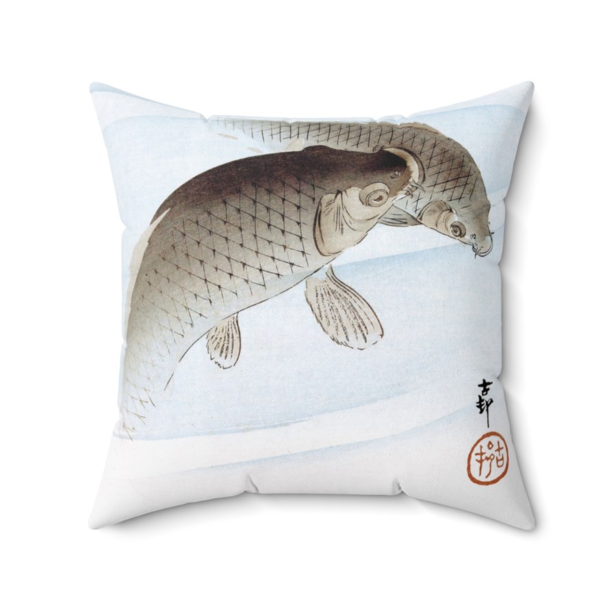 Ohara Koson Two Black Carp Fish. Square Pillow, J10-19