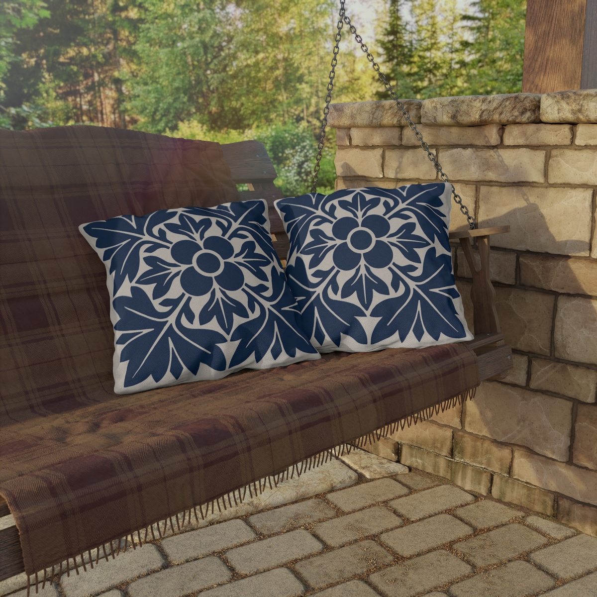 Petals & Leaves Pattern In Blue - Outdoor Pillow - Image 4
