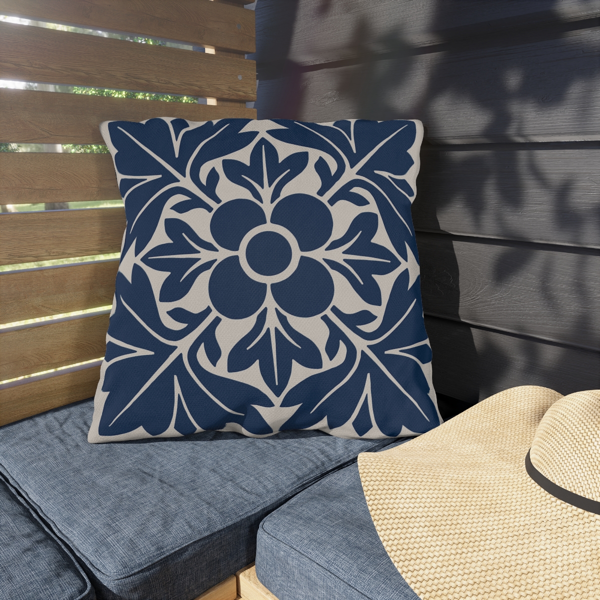 Petals & Leaves Pattern In Blue - Outdoor Pillow - Image 2