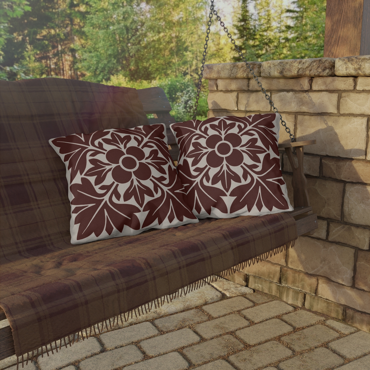 Petals & Leaves Pattern In Brown - Outdoor Pillow - Image 4