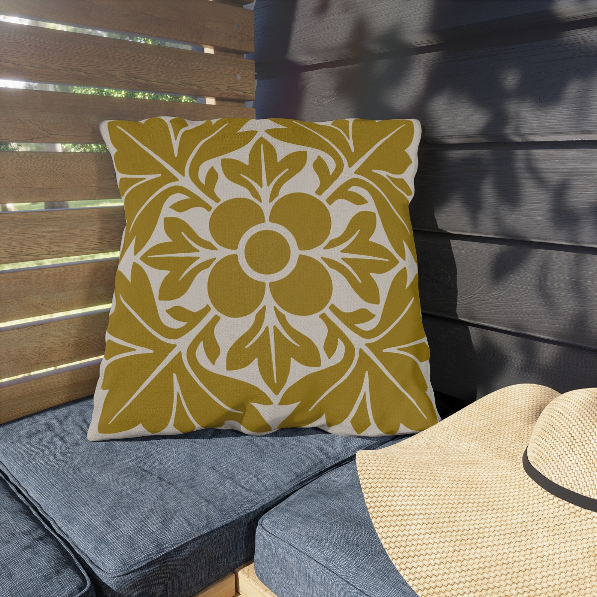 Petals & Leaves Pattern in Mustard Yellow - Outdoor Pillow - Image 2