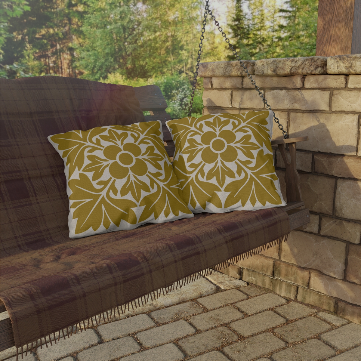 Petals & Leaves Pattern in Mustard Yellow - Outdoor Pillow - Image 4