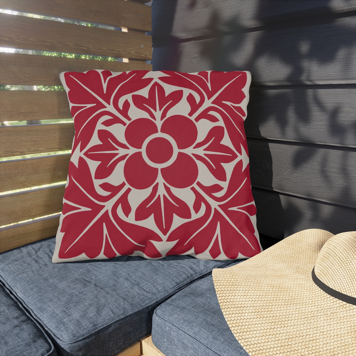 Petals & Leaves Pattern In Red - Outdoor Pillow - Image 2