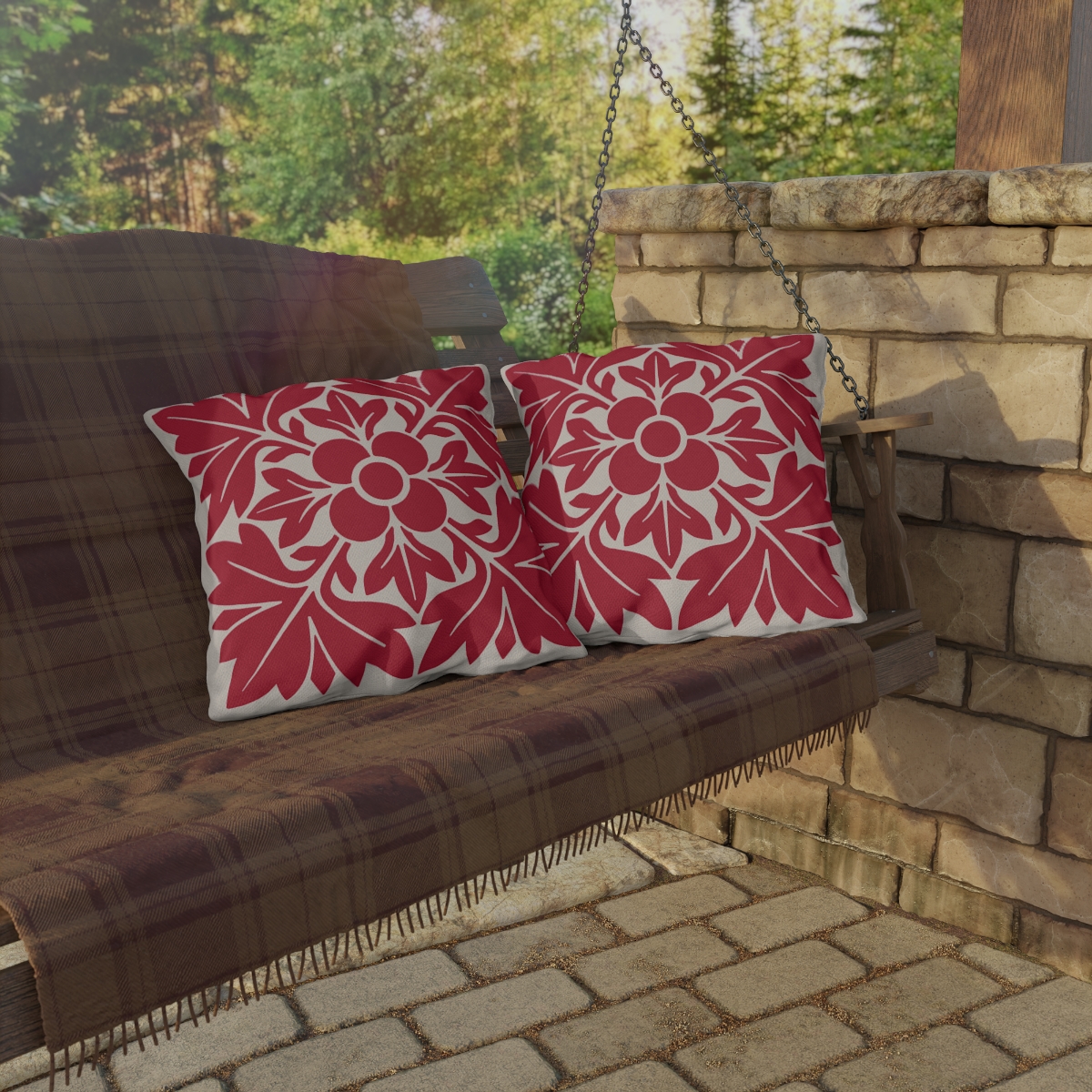 Petals & Leaves Pattern In Red - Outdoor Pillow - Image 4