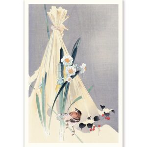 Bird, Flowers and Hay bundle Ohara Koson - Art Print
