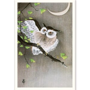 Owl, Green Leaves and Moon Ohara Koson - Art Print