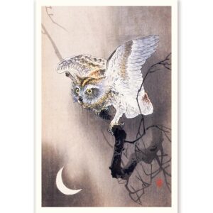 Owl on Branch and Crescent Moon Ohara Koson - Art Print