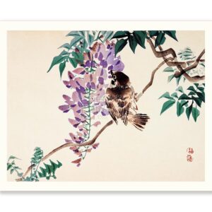 Sparrow on Wisteria Branch Kono Bairei - Art Print