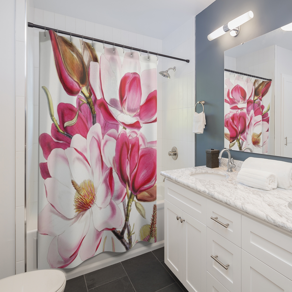 a bathroom with a shower curtain and sink