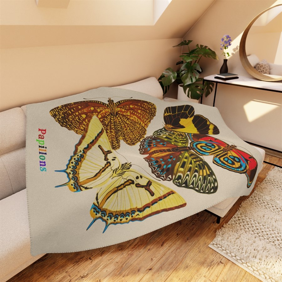 E.A. Seguy Papillons Pl.12 Butterfly Tan Sherpa Blanket – Ultra-Soft Back, Decorative Stitch - Image 5