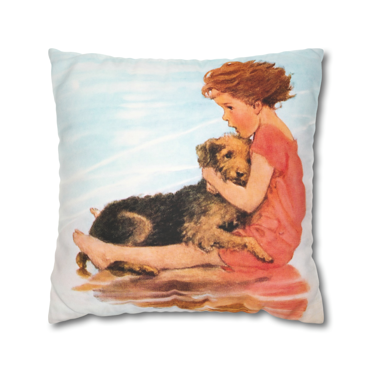 Jessie Wilcox Smith Girl Hugging Dog On The Beach - Pillow Case - Image 2