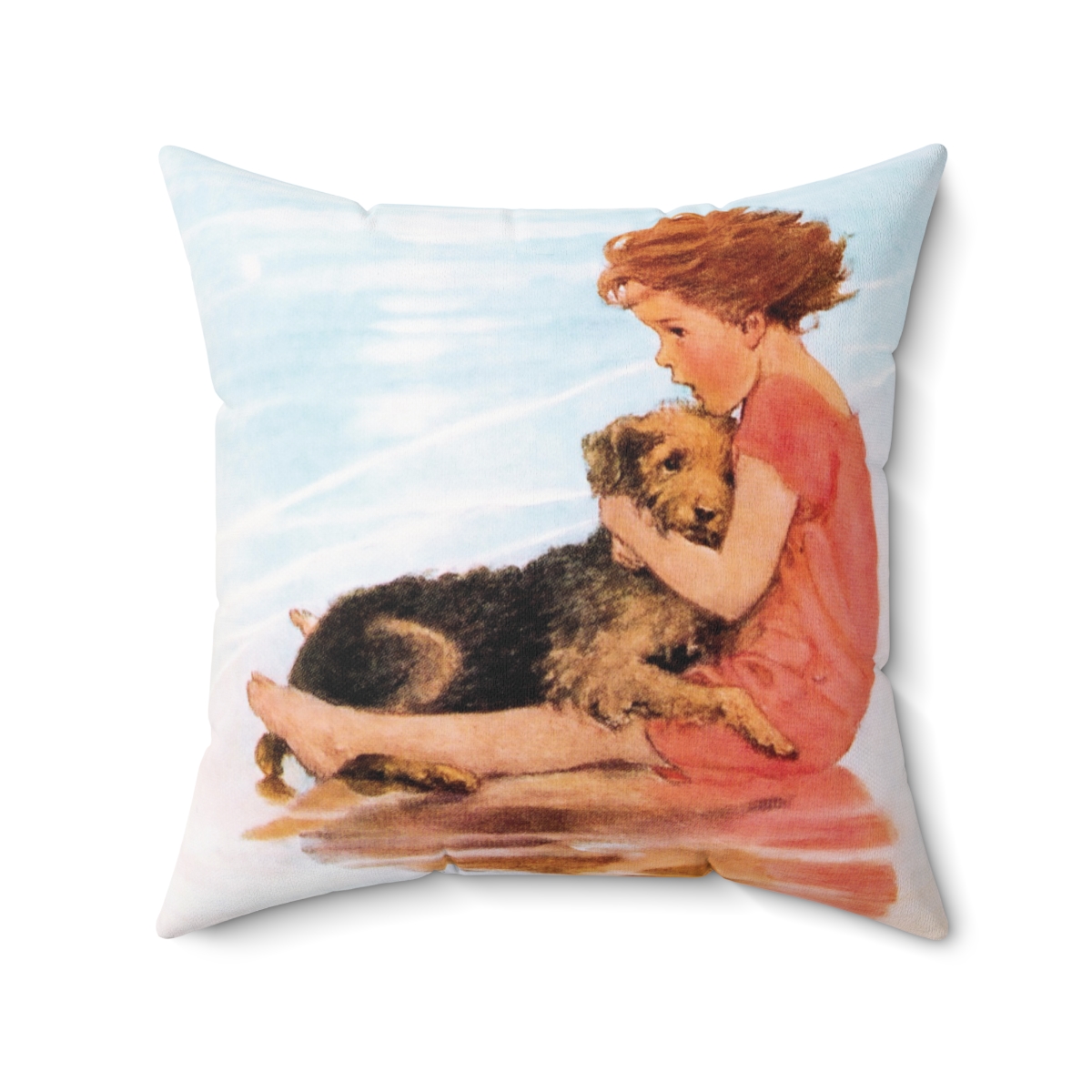 Jessie Wilcox Smith Girl Hugging Dog On The Beach Square Pillow, R40-20