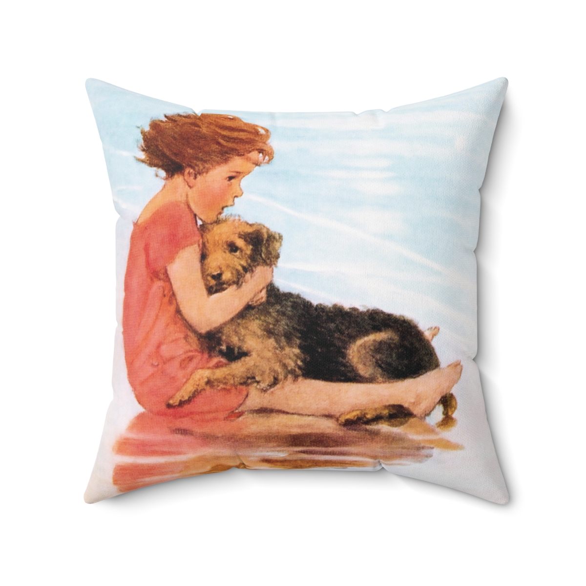Jessie Wilcox Smith Girl Hugging Dog On The Beach Square Pillow, R40-20 - Image 2