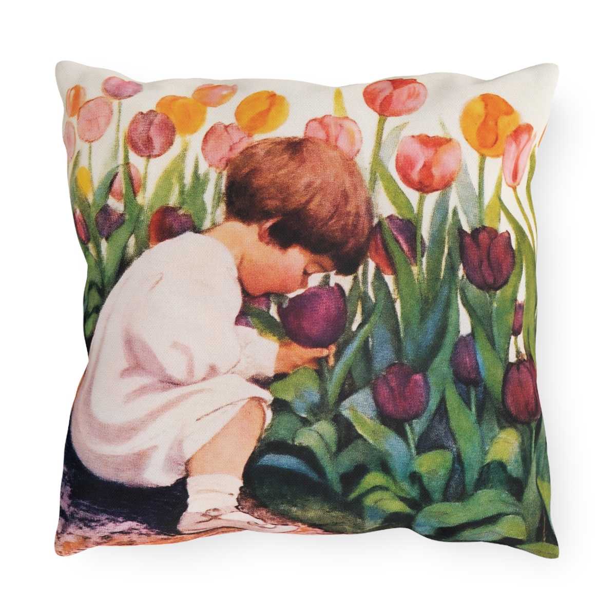 Jessie Wilcox Smith Kid With Flowers - Outdoor Pillow - Image 3