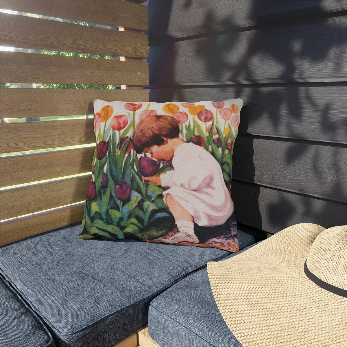 Jessie Wilcox Smith Kid With Flowers - Outdoor Pillow - Image 2