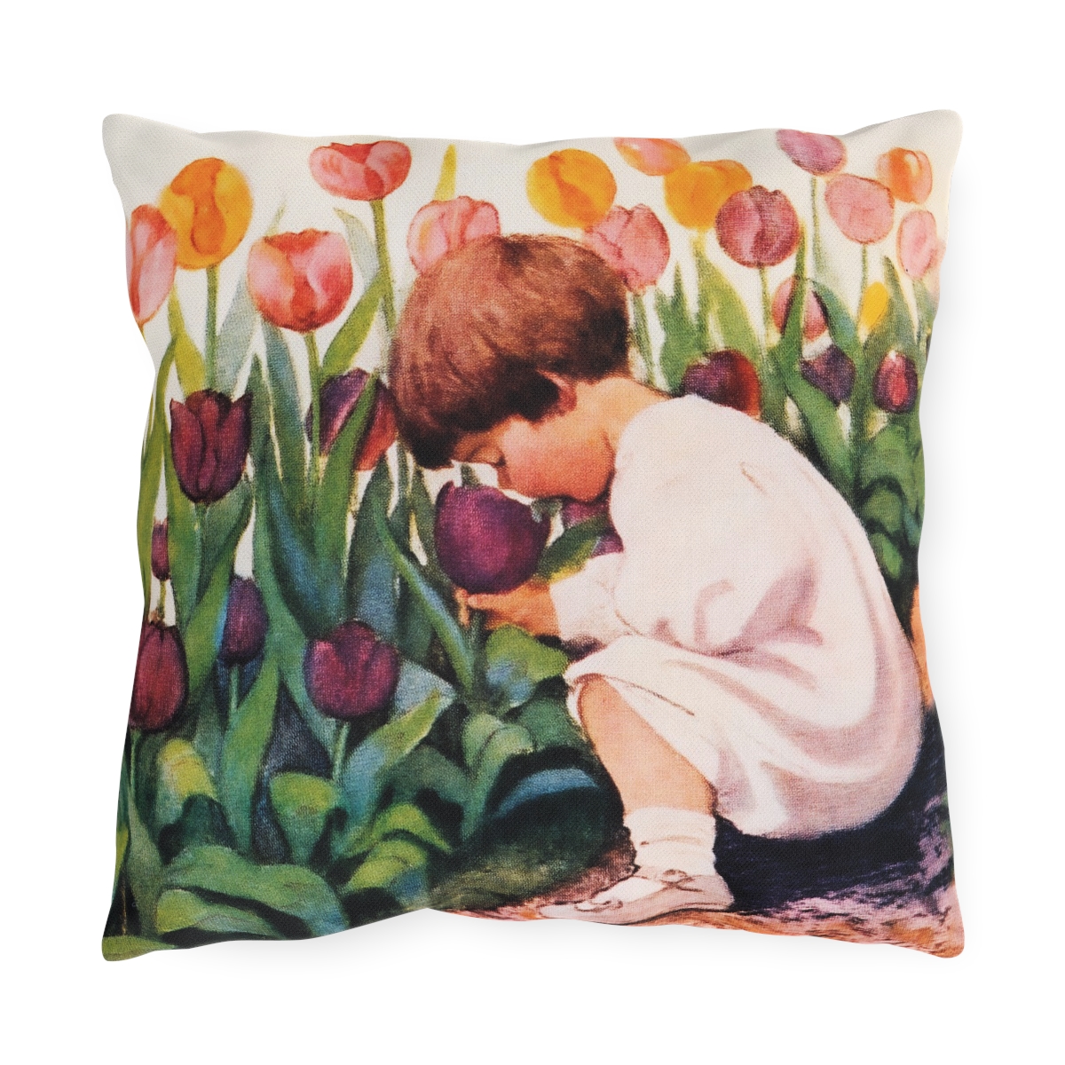 Jessie Wilcox Smith Kid With Flowers - Outdoor Pillow