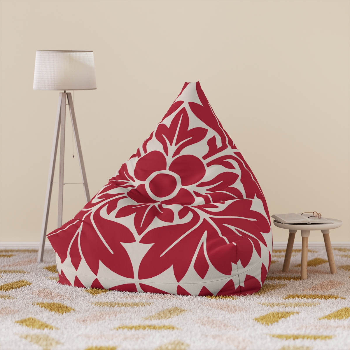Petals & Leaves Pattern In Red - Bean Bag Chair Cover - Image 6