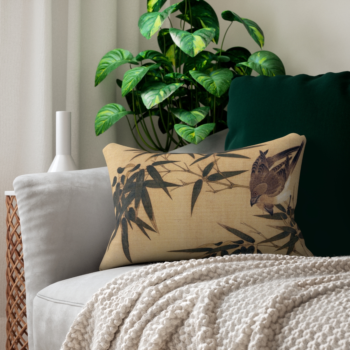 Sparrow On Bamboo Branch.  Lumbar Pillow S40-2 - Image 5