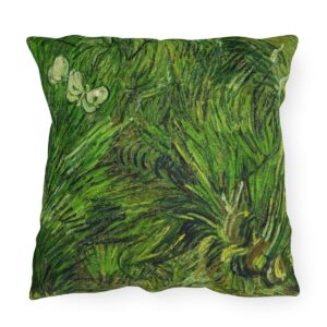 Van Gogh Green Grass & White Butterflies - Outdoor Pillow