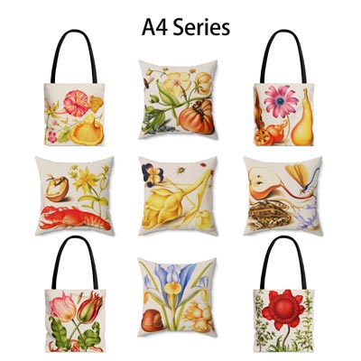 insects and flowers patterns , pillows and bags